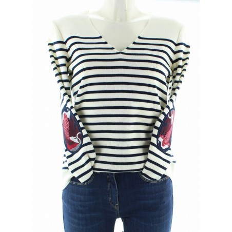 Pull marin Femme rayé Carpe Col V