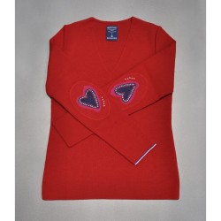 Pull col V femme mérinos rouge cœur