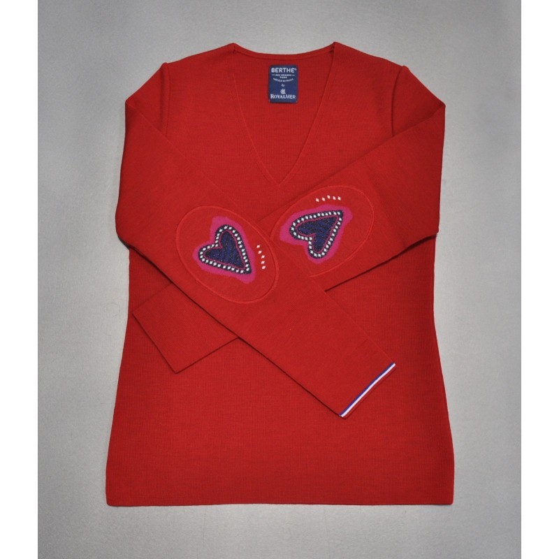 Pull col V femme mérinos rouge cœur