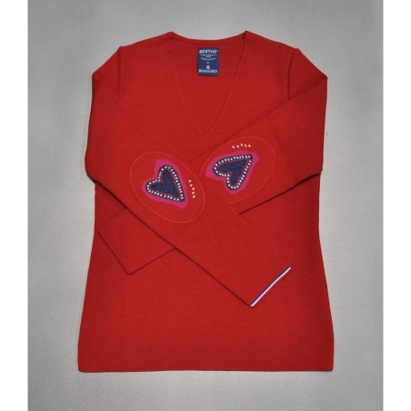 Pull col V femme mérinos rouge cœur