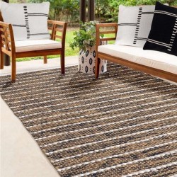 Tapis rectangulaire éthnique en jute et coton effet rayé Noir beige écru 10